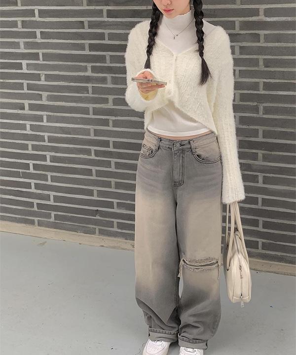 드릭 패치 워싱 데님 와이드 팬츠
