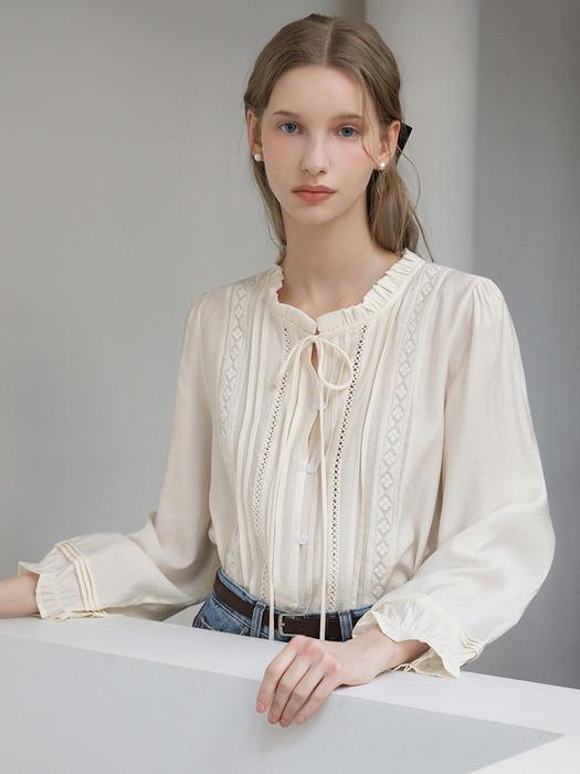 러플 디테일 타이 핀턱 레이스 블라우스_3color