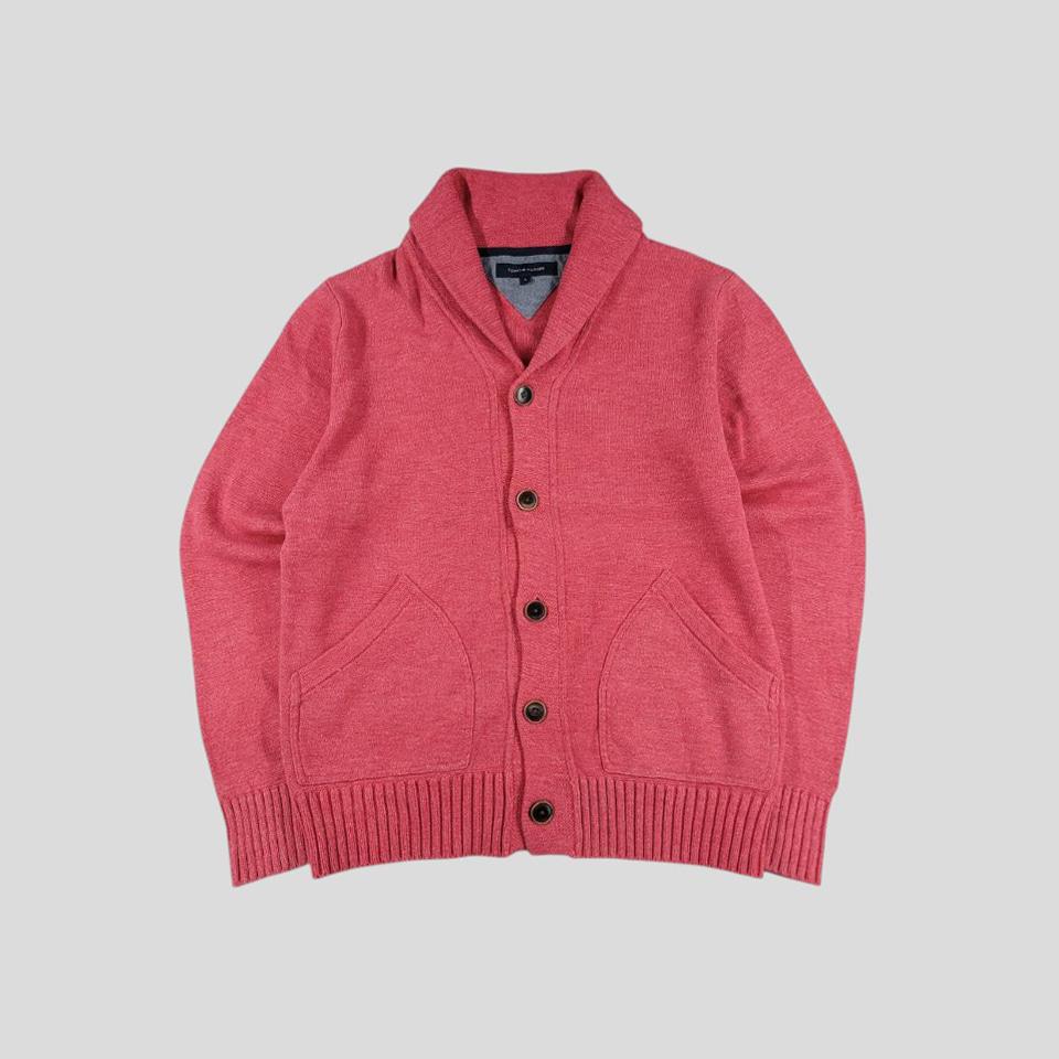 타미힐피거 핑크 미니로고 빅포켓 숄카라 코튼 니트 가디건 M