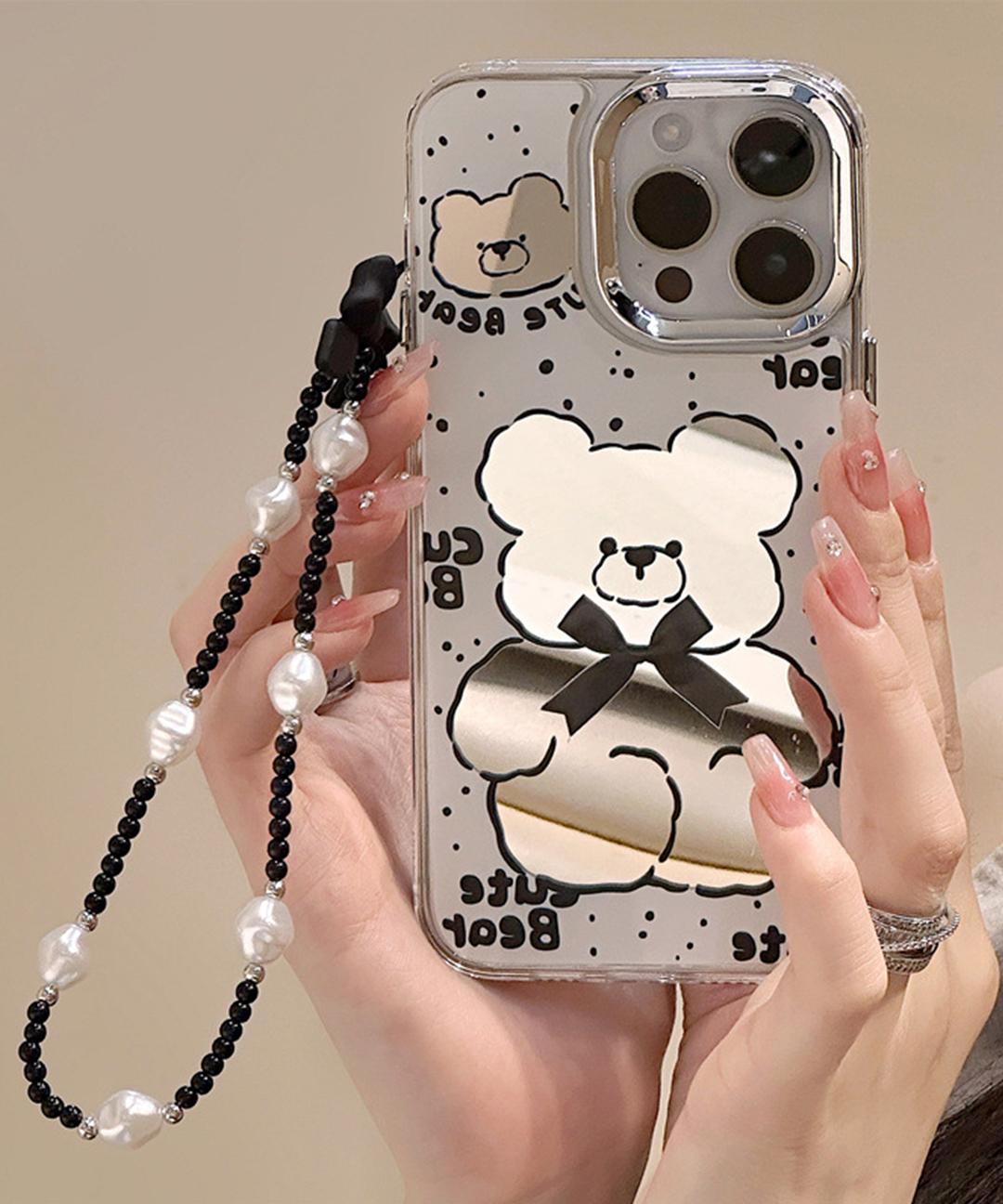 귀여운 아이폰 블랙 리본 곰돌이 미러 거울 스트랩 핸드폰줄 유니크 심플 키치 우정 친구 선물 핸드폰 휴대폰 애플 폰 케이스 아이폰케이스 11 12 프로 13 14 15 프로맥스