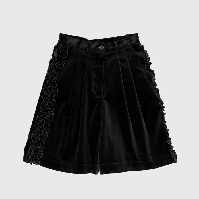 RUFFLE COTTON VELVET CULOTTE PANTS - BLACK