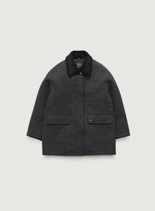 Corduroy Collar Herringbone Short Coat_Charcoal