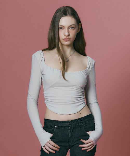 Misty Shirring Long Sleeve Top (Sand Grey)