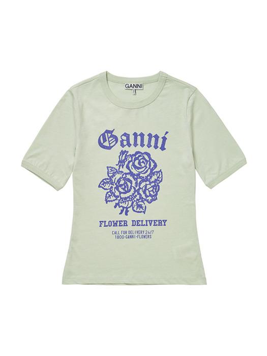 GANNI T3632 822 플라워 로고 여성 반팔티