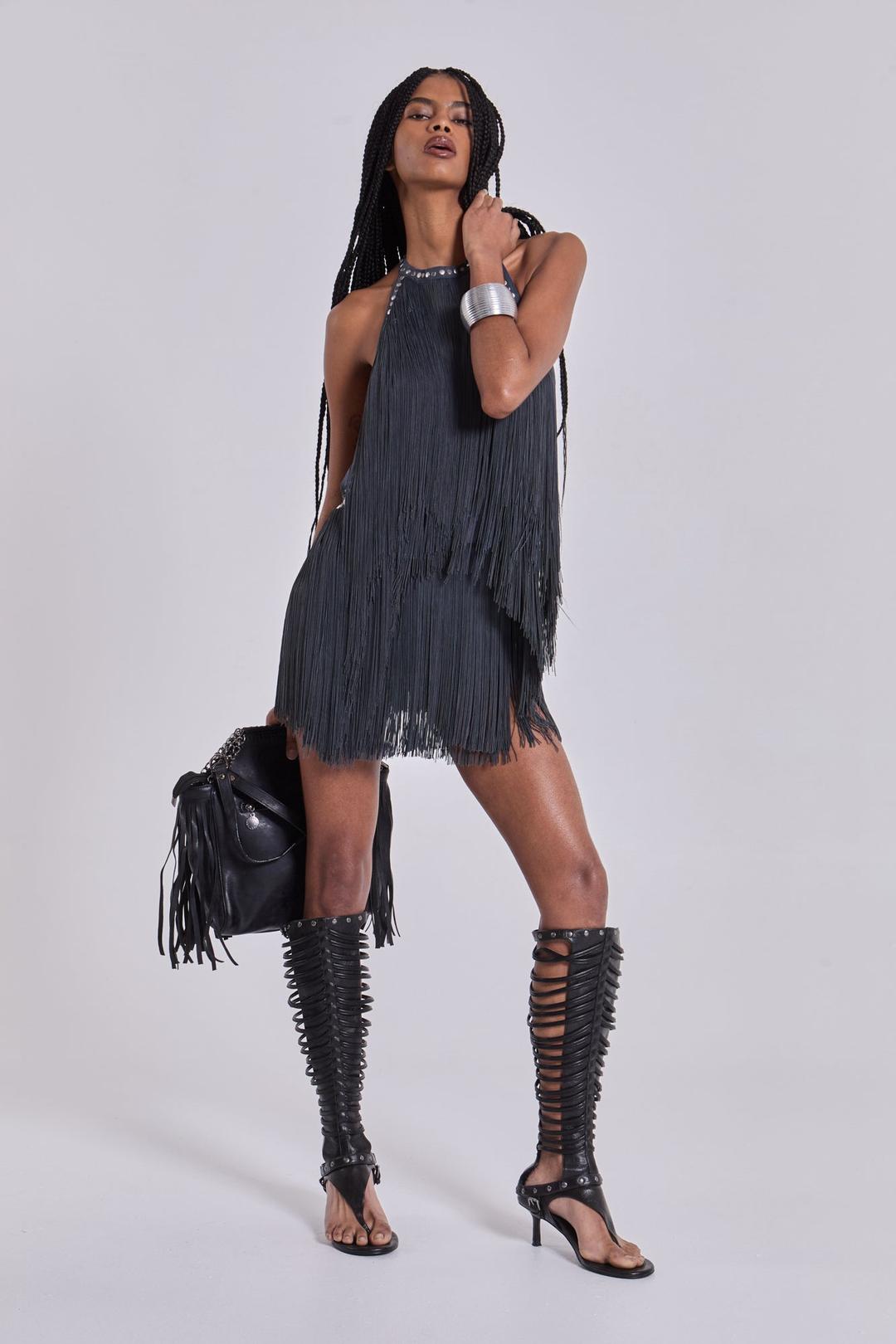 Vadra Backless Fringe Mini Dress - UK 4 / Grey