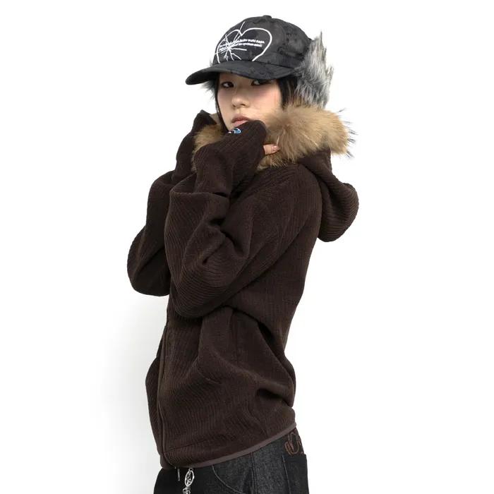 GZHD002 드로플랫 라쿤 퍼 집업 후드 (BROWN)