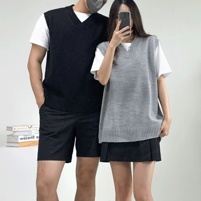 [커플룩강추*/여름까지/11컬러] 빅사이즈 봄 여름 남녀공용 얇은 그물 브이넥 니트 조끼 롱 베스트 커플 시밀러룩