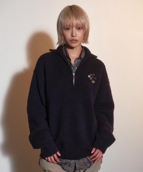 BUTTON HALF PULL-OVER SWEATER-PURPLE