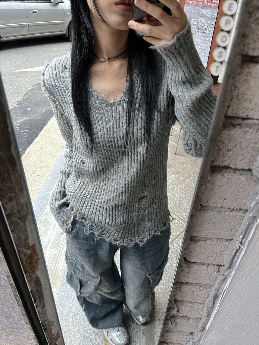 린다 골지 브이넥 울 데미지 니트 3color
