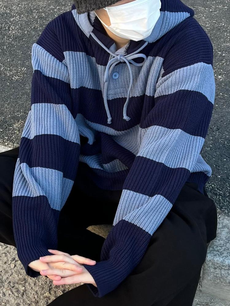 핸드워머 단가라 벌룬 니트 후드티 2color 남여공용 오버핏 스트라이프 후드 니트