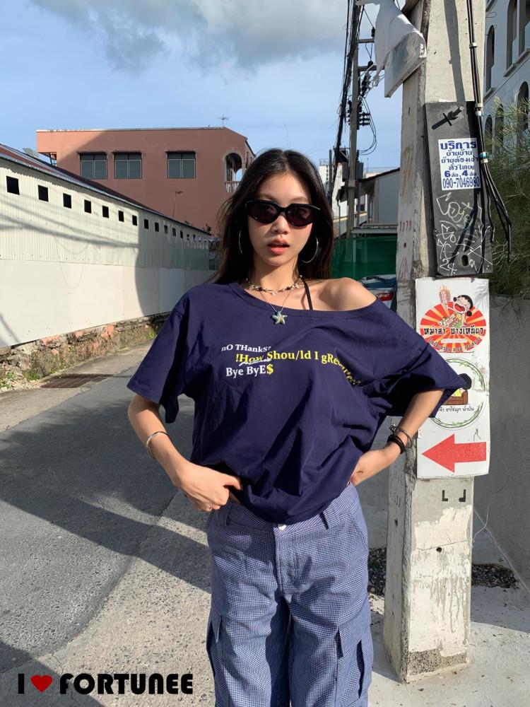 원숄더 루즈핏 레터링 반팔 티셔츠