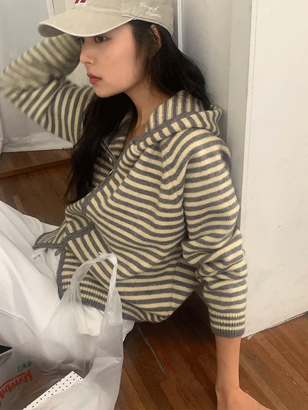 나이니 젤로젤리 스트라이프 후드 니트 집업 가디건