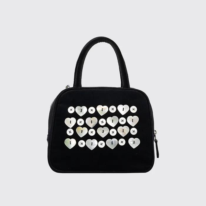 MOTHER-OF-PEARL BUTTON COTTON VELVET HAND BAG - BLACK