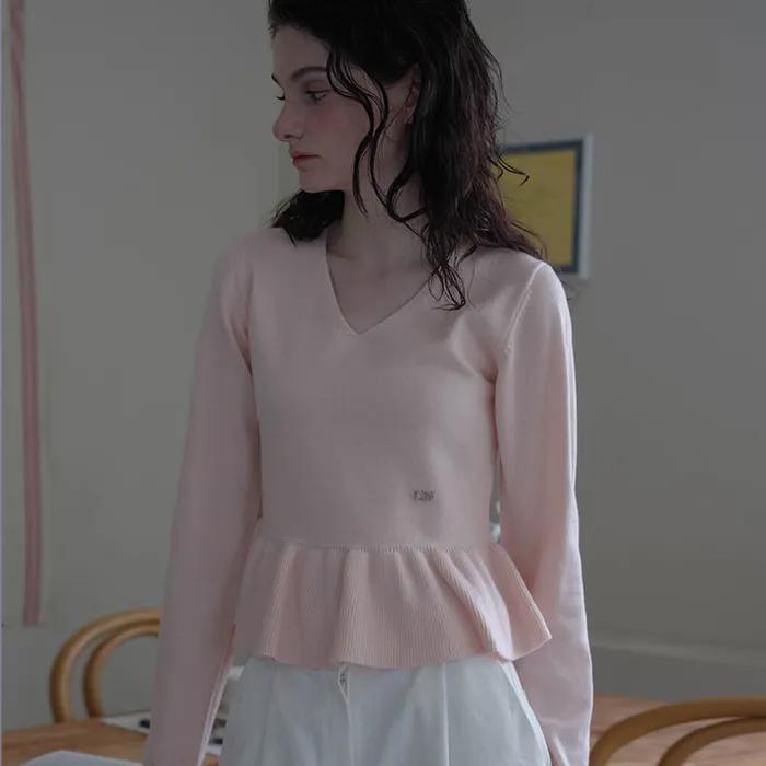 V-neck Flare Shirring Knit [Pink]
