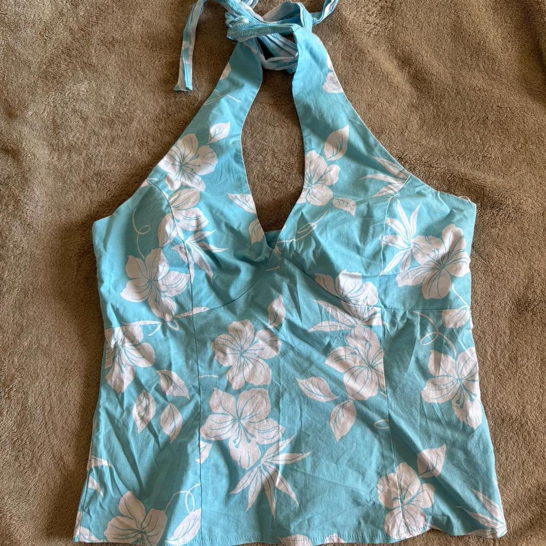 new look blue floral halter neck top vintage size...