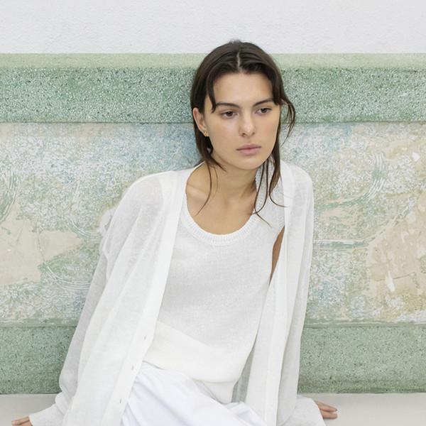 LINEN BLEND SHEER RELAXED KNIT CARDIGAN - WHITE