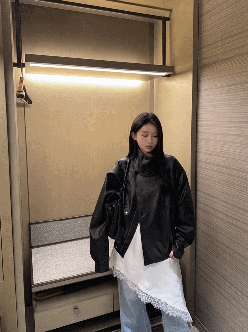 기획 비건 하이넥 블루종 레더 가죽 자켓