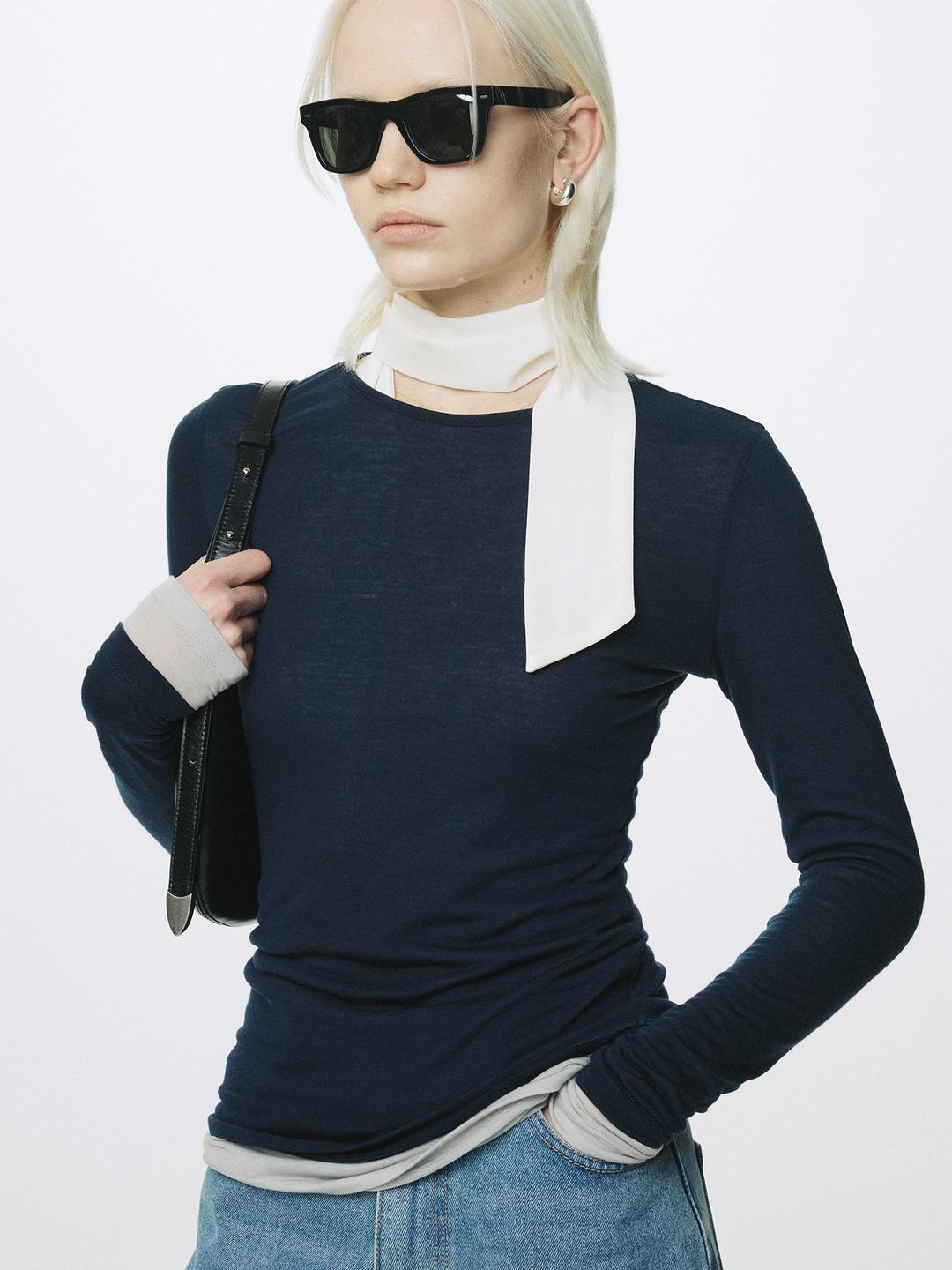 (W) TENCEL LAYERED LONG SLEEVE_ NAVY/GREY