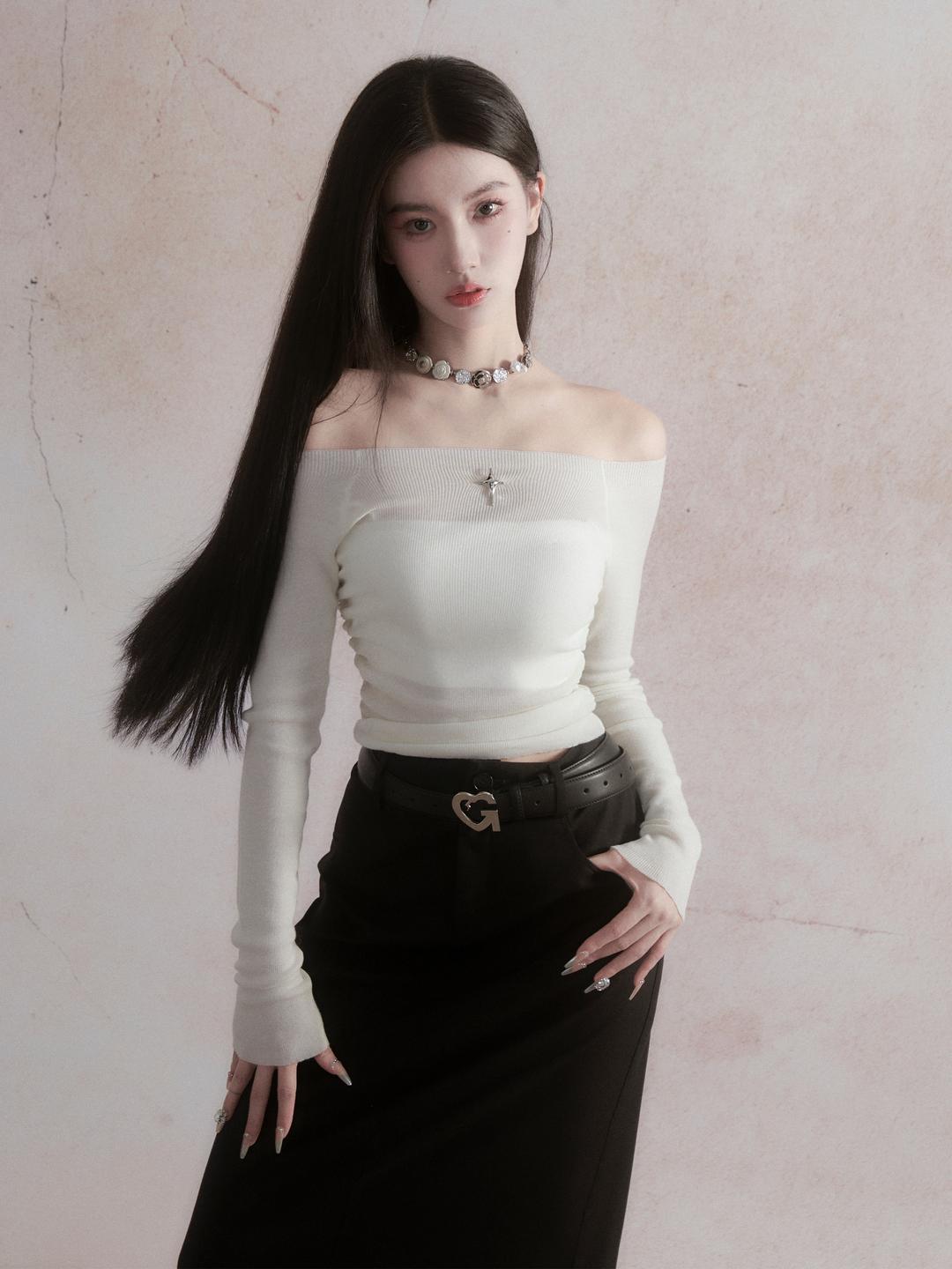 [FRAGILE HEART] See-through Milk off-shoulder T-shirt