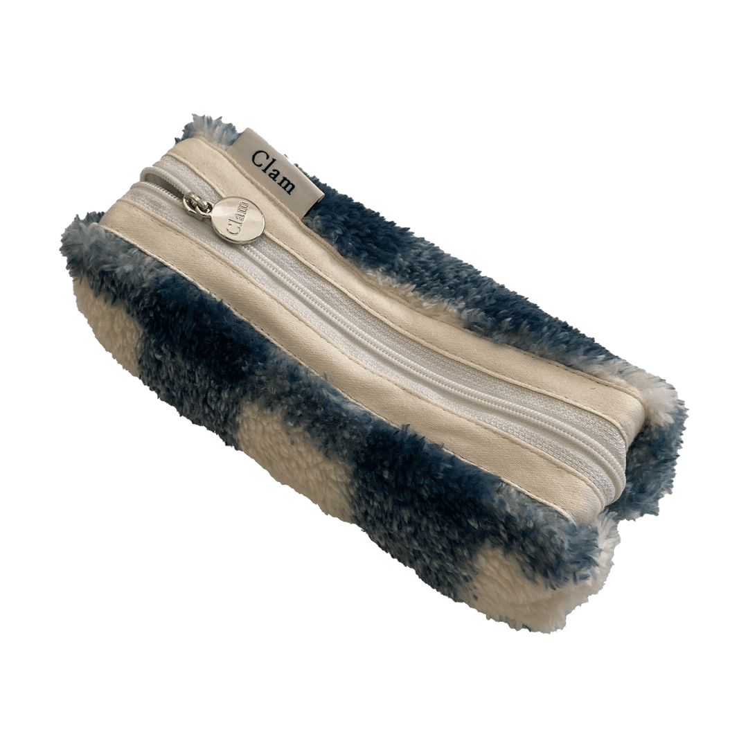 Clam round pencilcase _ Green check Soft fur