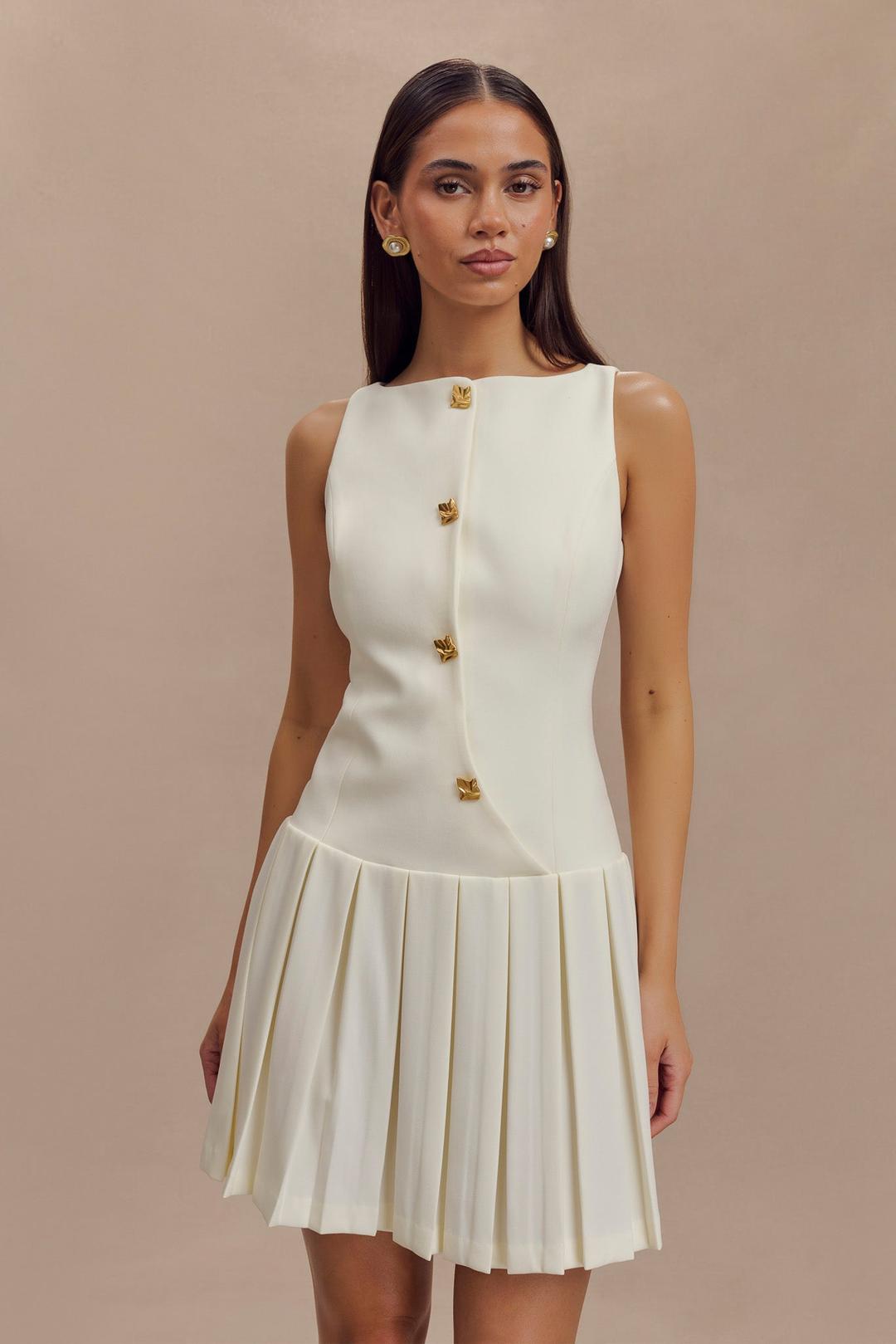 Mackenzie Sleeveless Pleated Mini Dress - Ivory - XXS