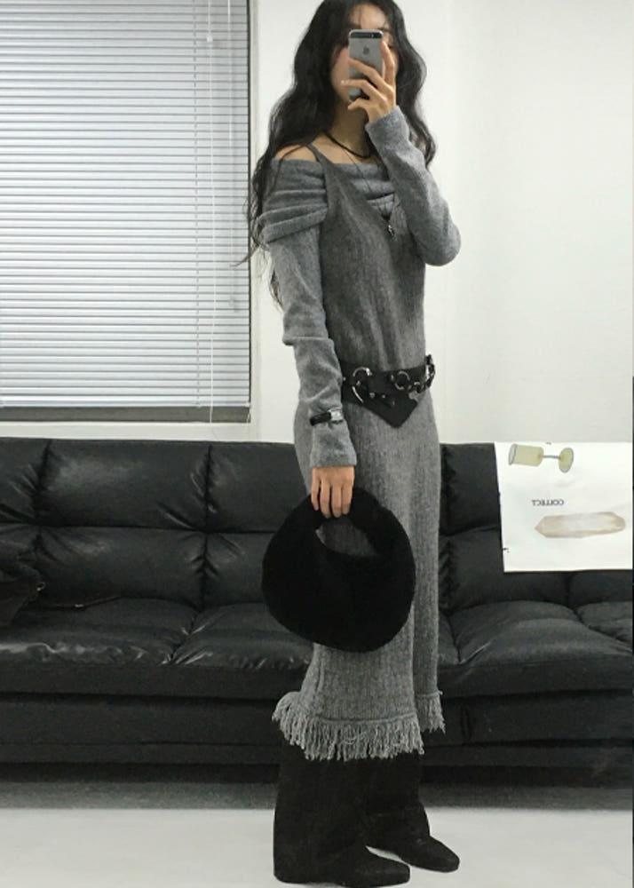 [+add new col.] fringe sleeveless knit long ops (1C)