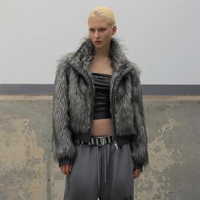 High Neck Fur Jacket - Charcoal