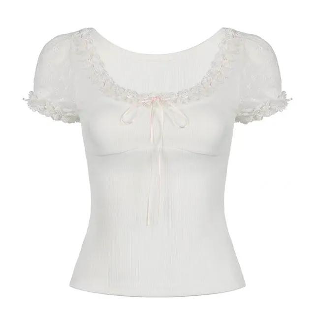 (발레코어) 핑크 리본 레이스 반팔