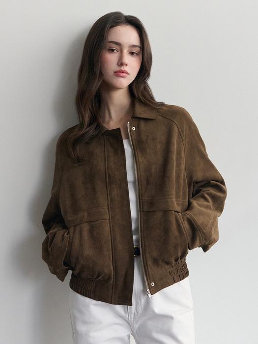 라운드 카라 스웨이드 봄버 자켓_brown