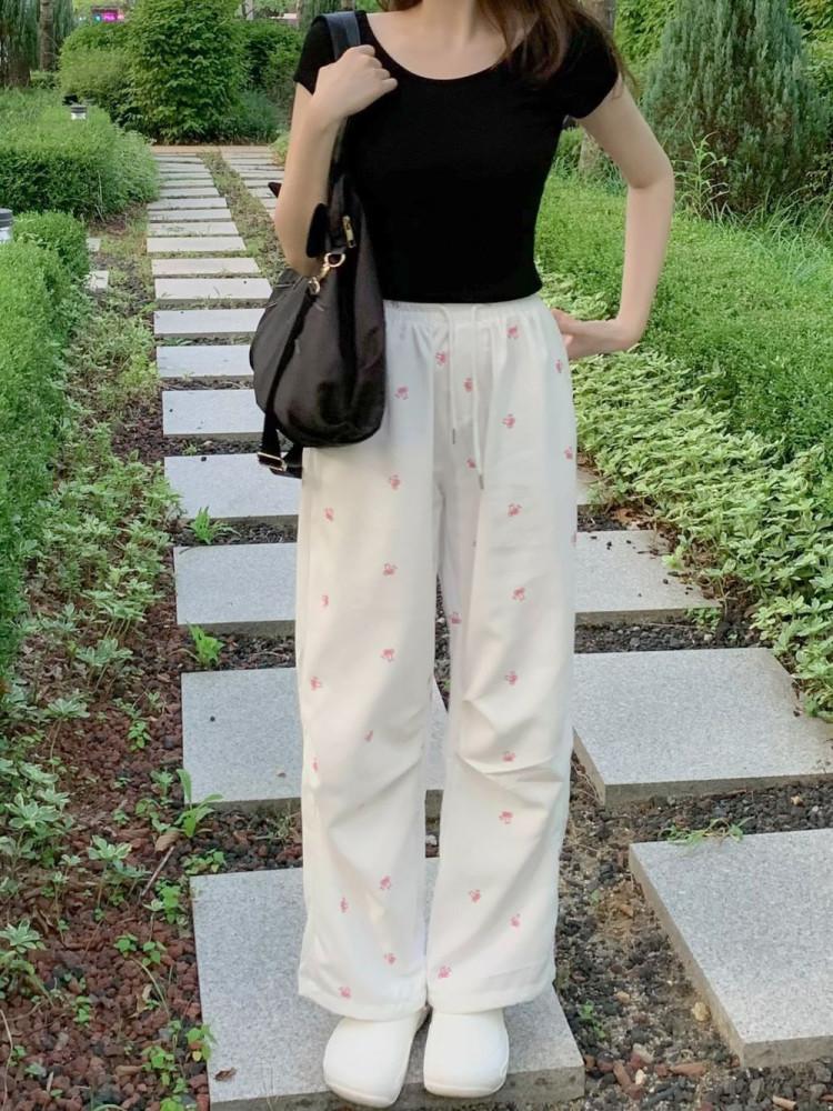 핑크 리본 패턴 스트링 팬츠