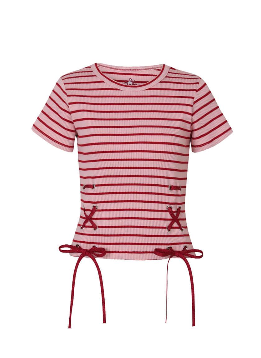 Stripe Ribbon Eyelet Top (Pink)