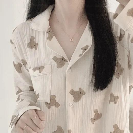 🤎[당일출고/반팔긴팔] 요루 순면100 곰돌이 잠옷 여름 파자마 빅사이즈 세트 반팔 상하세트