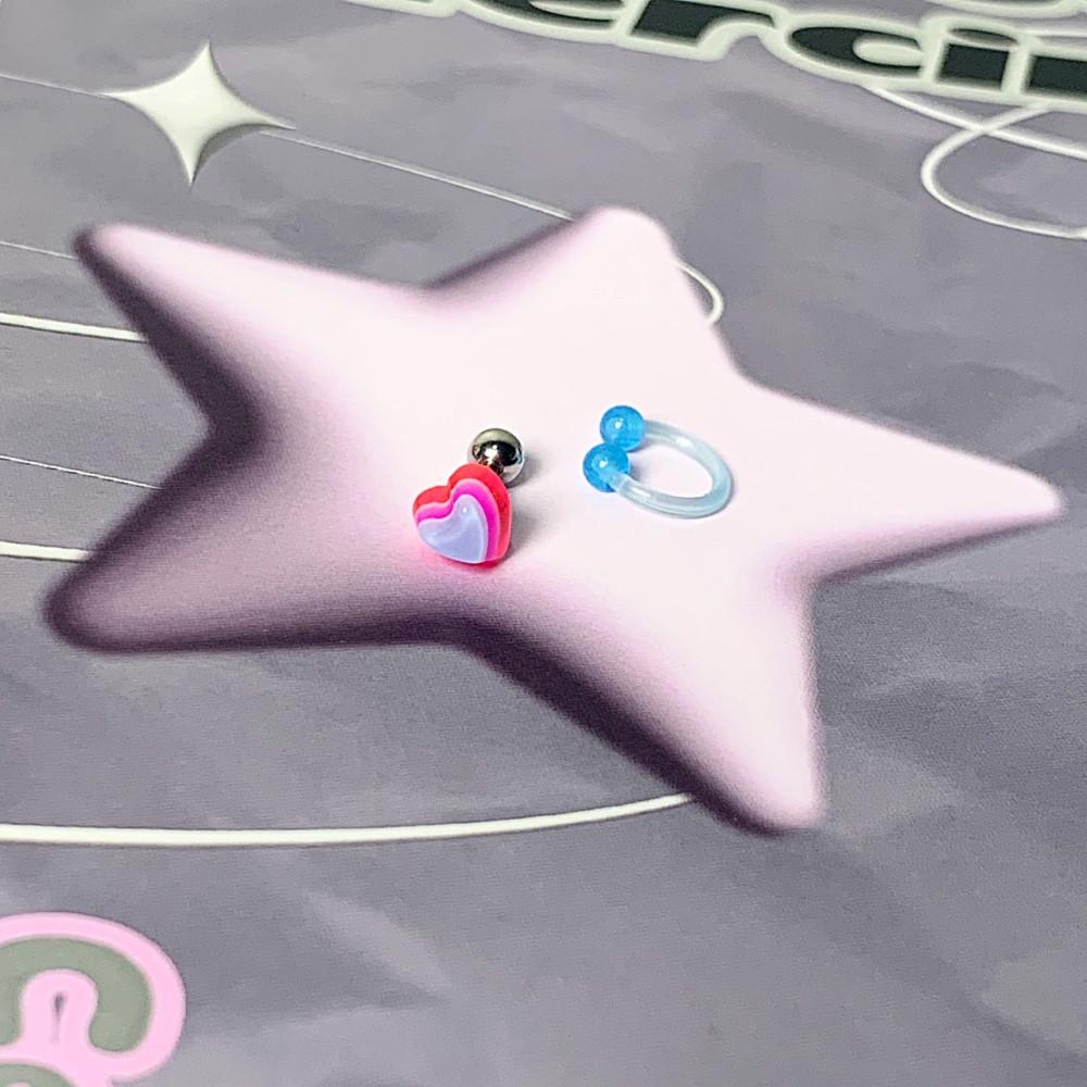 무지개 입체 하트 피어싱 / 투명 투볼링 하늘색피어싱