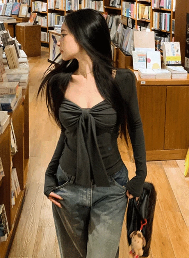 [연말룩/늘씬핏] 아치 리본 스퀘어넥 티셔츠