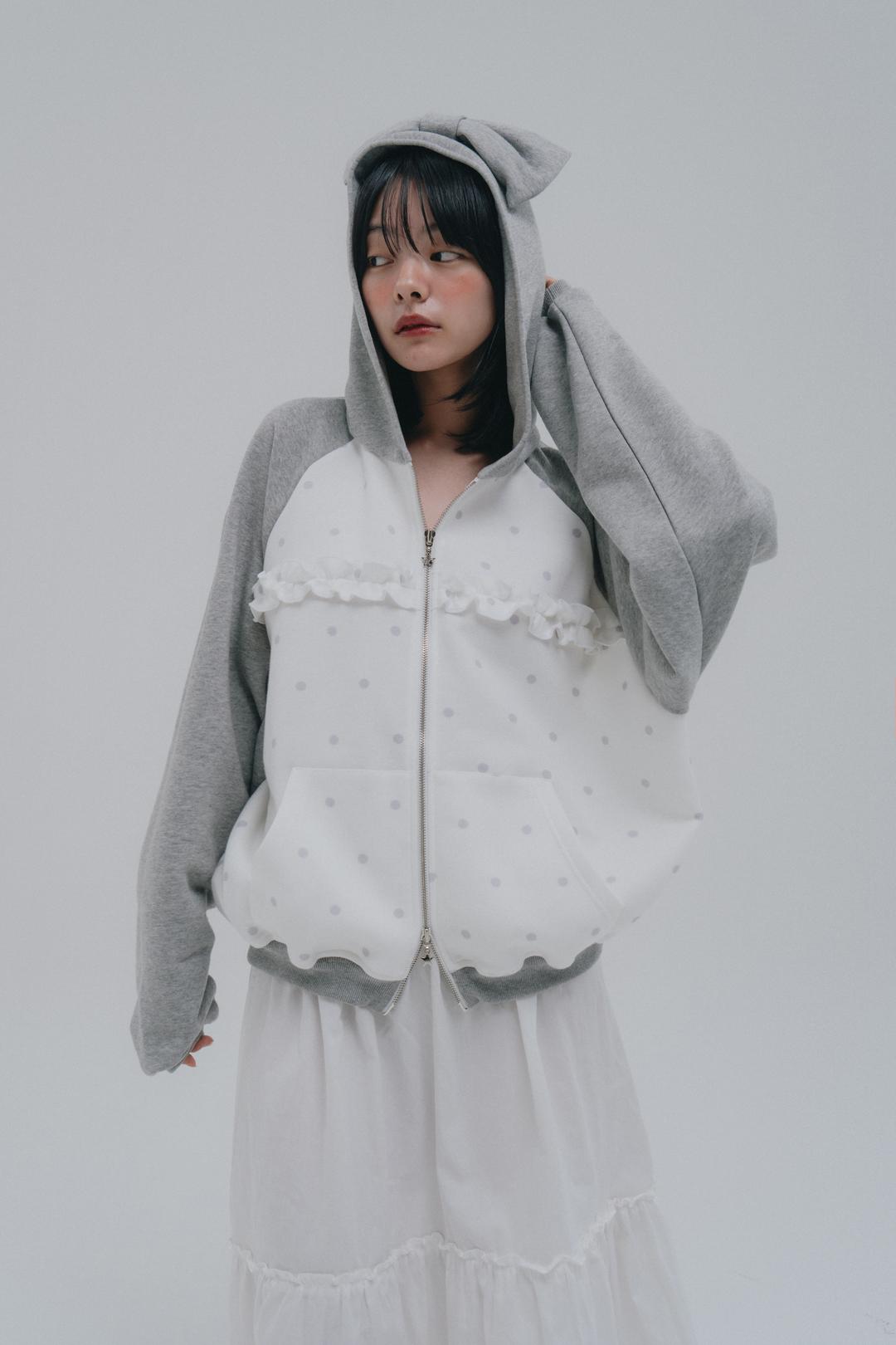 DOT RIBBON HOOD ZIPUP (GRAY)