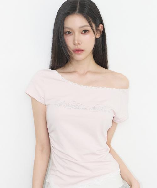 레이스 원숄더 셔링 탑 핑크