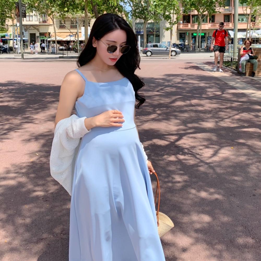 자체제작 앤느 끈나시 슬림 스퀘어넥 롱 임산부원피스 민소매 주수 만삭촬영