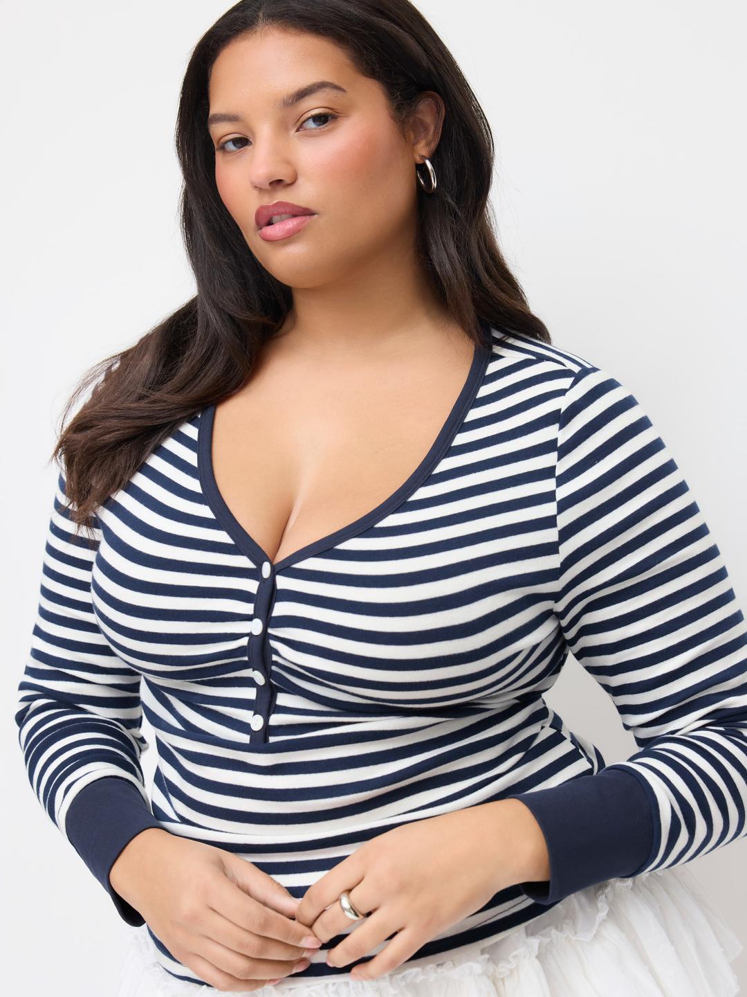 Cotton-blend V-Neck Striped Ruched Tee Curve & Plus