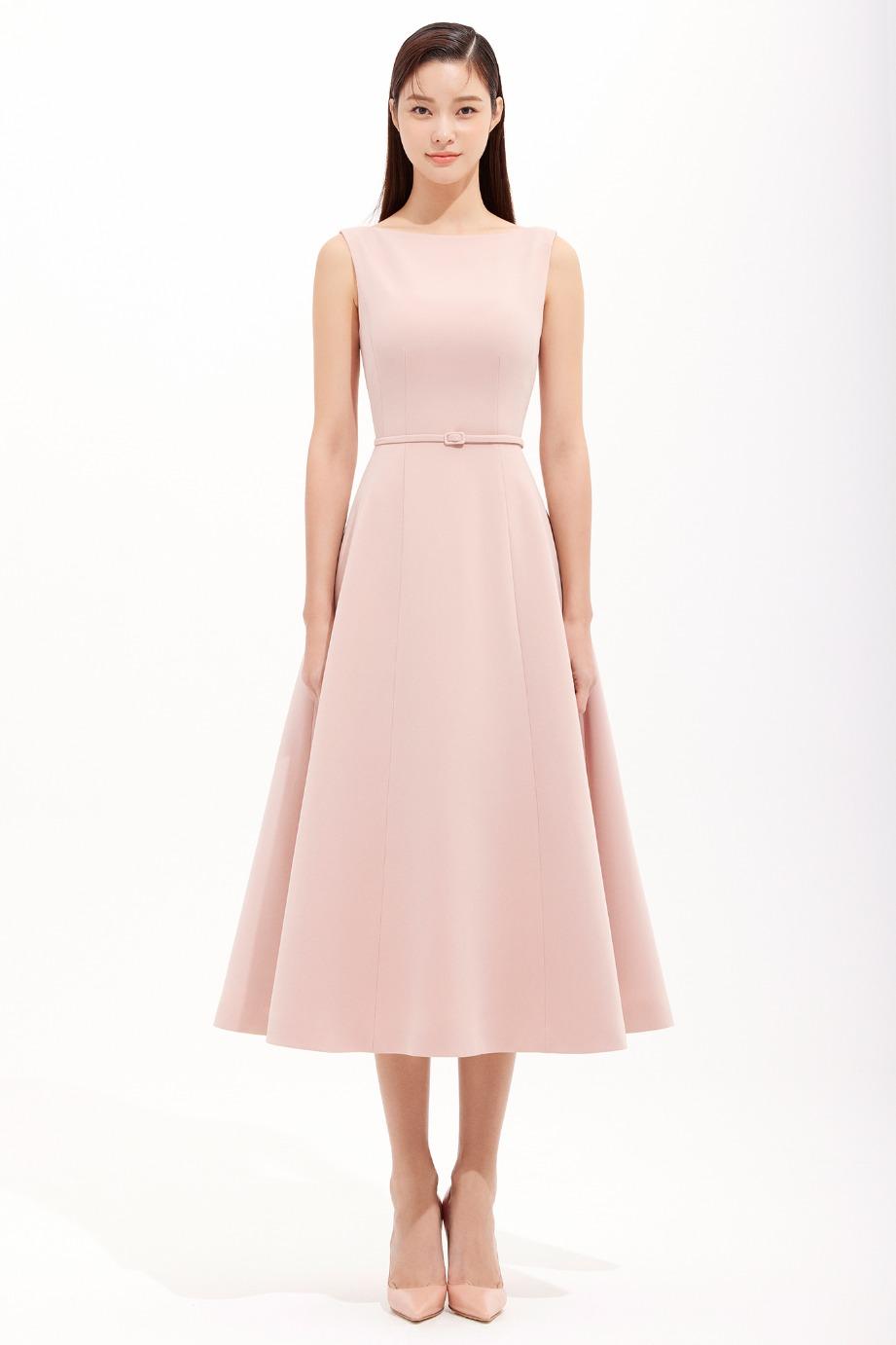 CREPE BOAT NECKLINE SLEEVELESS FLARE DRESS