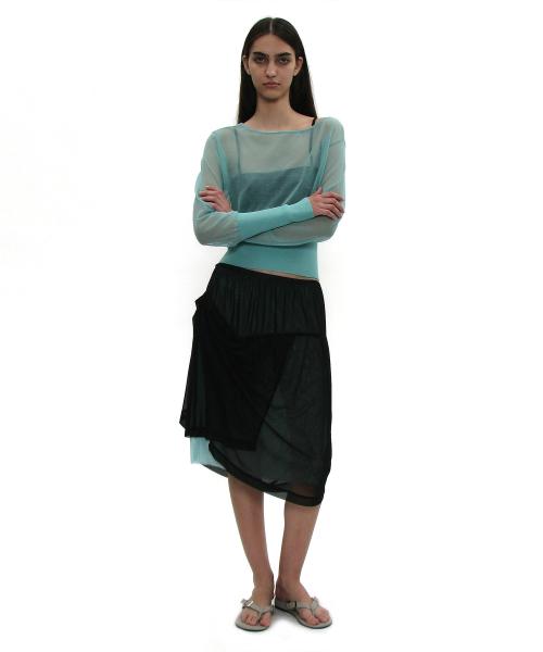 메쉬 콤비 드레이프 미디 스커트_블랙