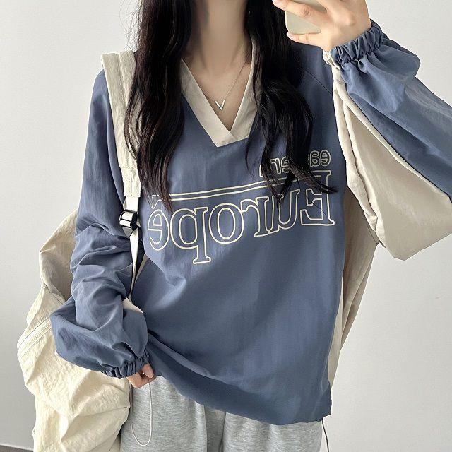 바스락 브이 배색 유럽 맨투맨 블록코어 나일론 y2k 스트릿