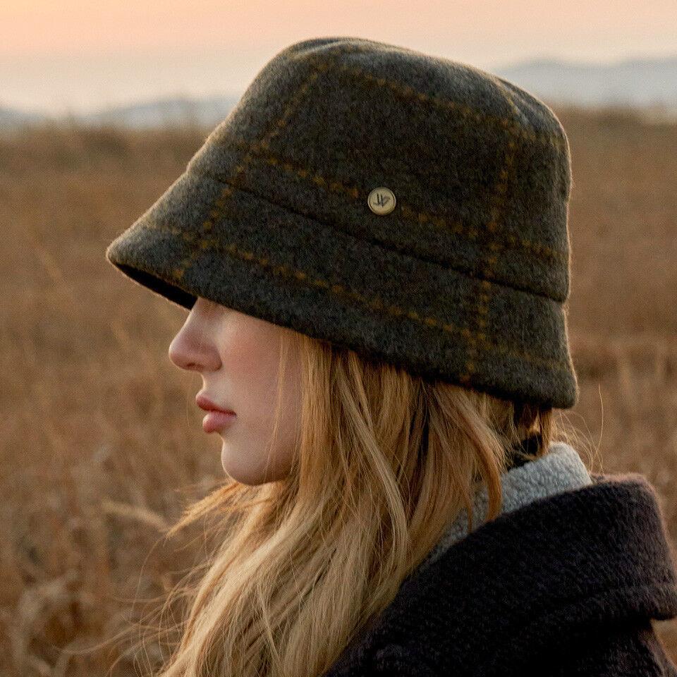 울 체크 버킷햇