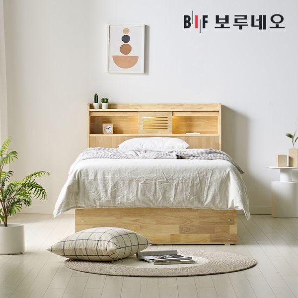 카마Po 4서랍 고무나무 원목 침대 LED 수납 프레임 SS