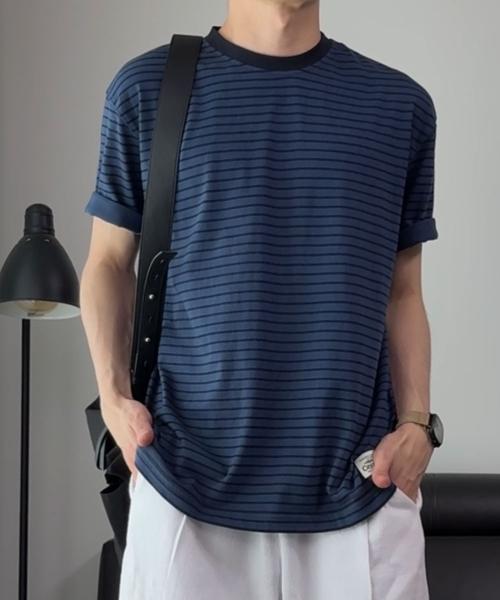 빈티지 라벨 스트라이프 티셔츠_네이비