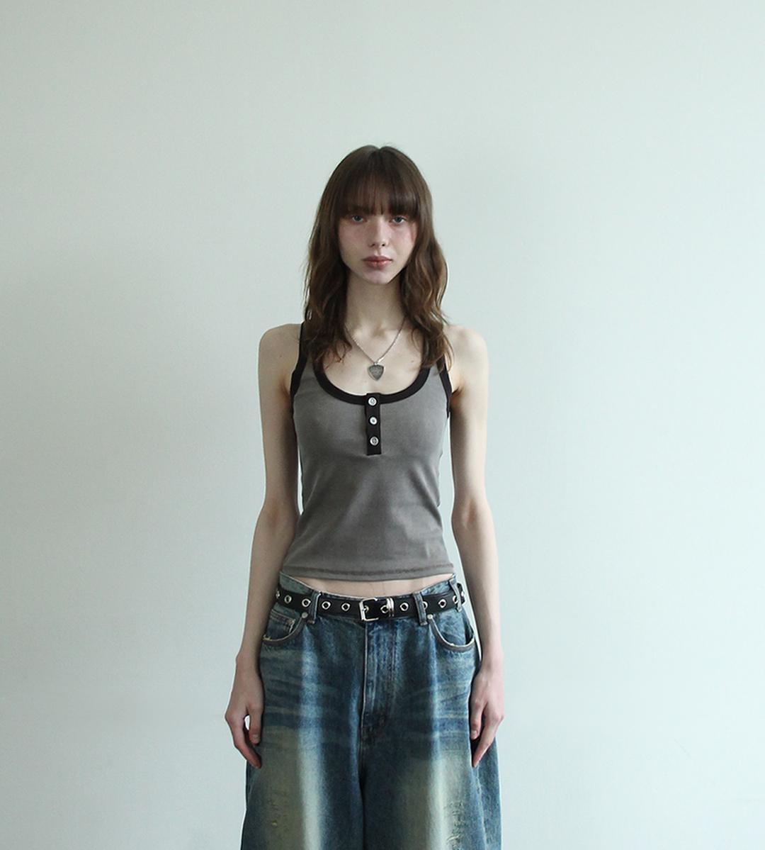 (03.24 순차출고) DUAL HENLEY TANK TOP (WASHED BROWN)