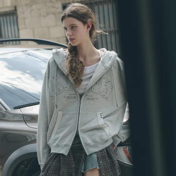 더블라인 스터드 아플리케 후디 [MELANGE]