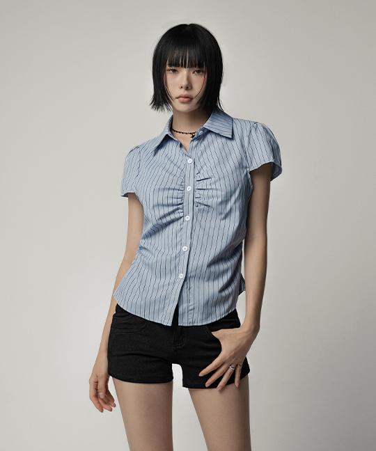 누아뮤트 [MADE] 버너츠 스트라이프 셔링 반팔 셔츠 STRIPED SHIRRED SHORT SLEEVE SHIRT