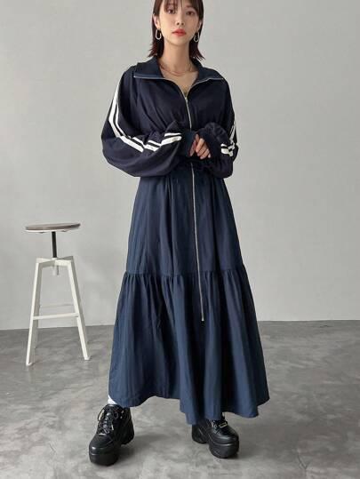 FRIFUL Women Long Sleeve Zipper Front Striped Dress With Ruffled Hem, Spring And Autumn