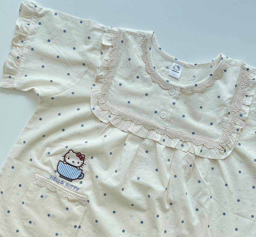 헬로키티 잠옷 자수 도트 프릴 반팔상하셋트 캐릭터 산리오잠옷 파자마 국산 순면 홈웨어