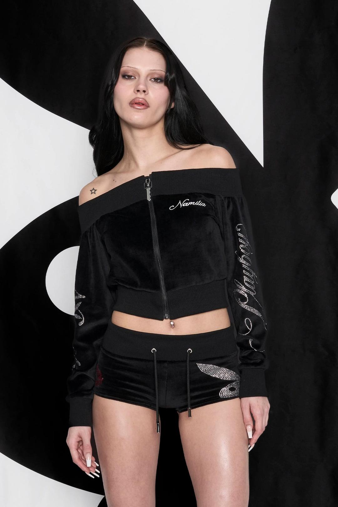 Bunny Off Shoulder Velour Jacket - BLACK / xs